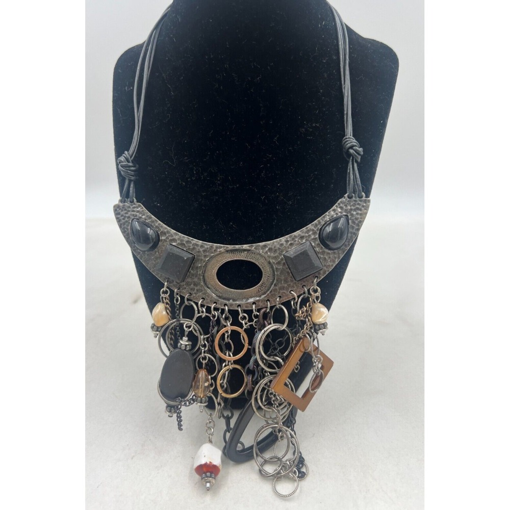 Vtg Chicos Bib Necklace Multi Charm Chain Leather Rope Boho Statement